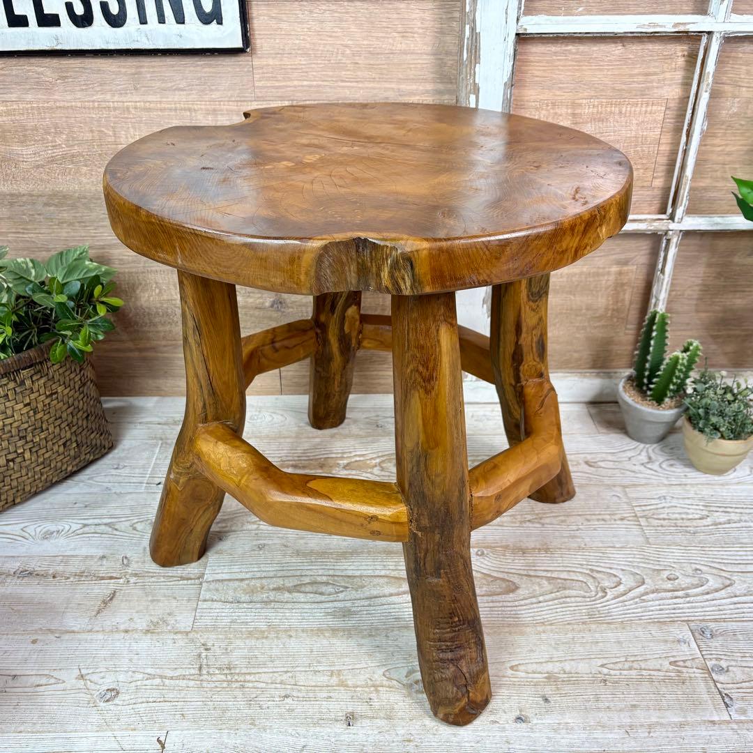 オールドチーク天然無垢材木製創作極太サイドテーブル L（直径54