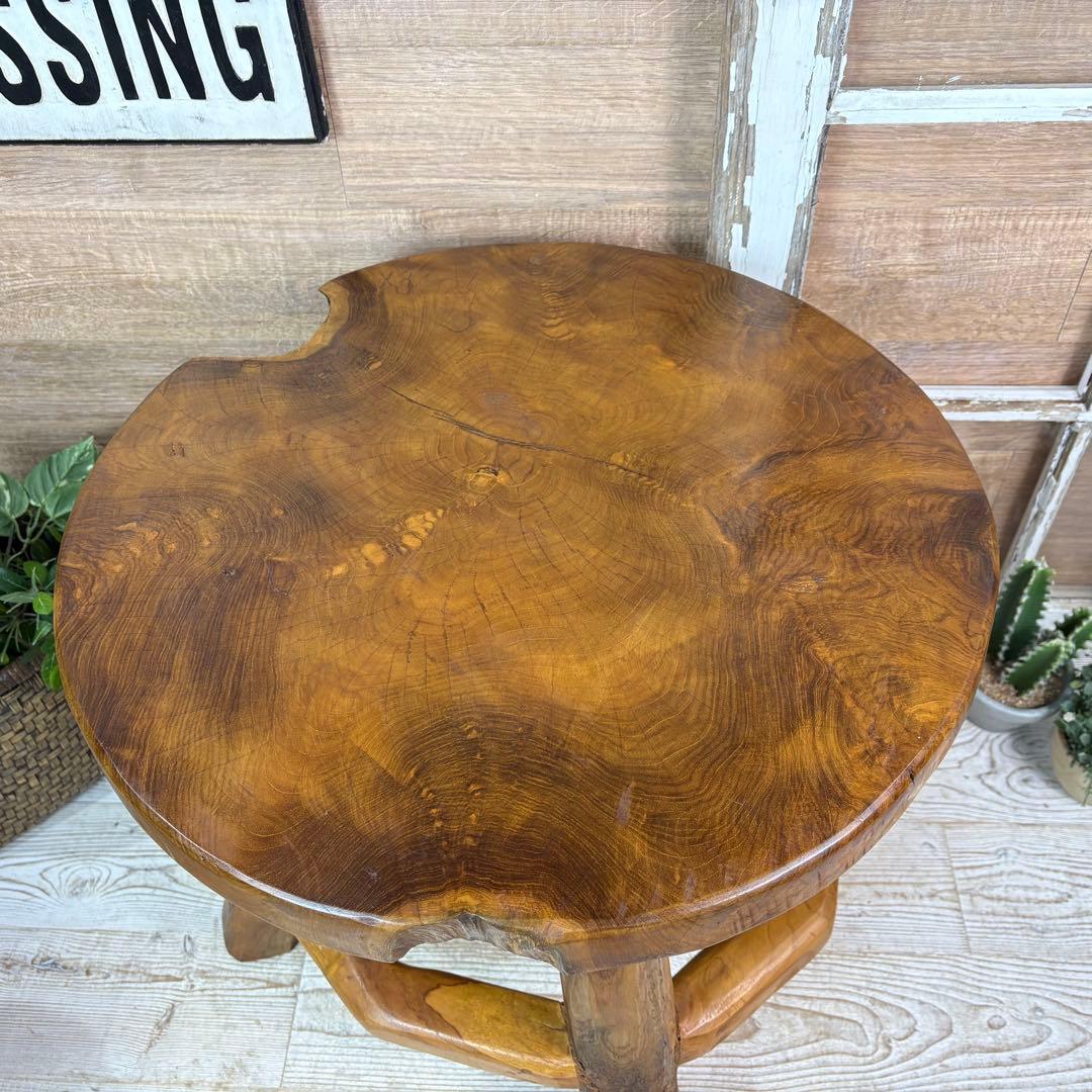 オールドチーク天然無垢材木製創作極太サイドテーブル L（直径54