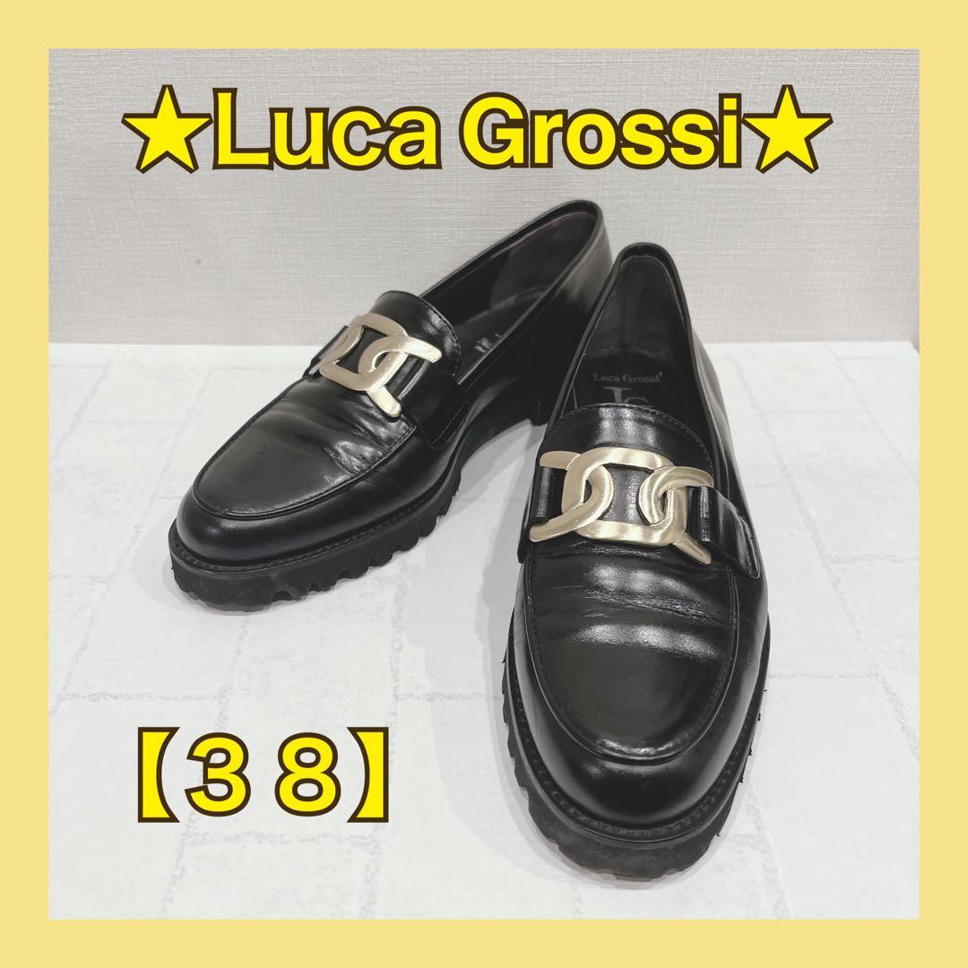 Luca Grossi ルカ グロッシ ローファー レザー 黒 38 イタリア製 ルカ グロッシ Luca Grossi レザーヒールローファー （ブラック