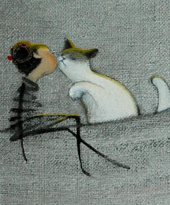 油絵 菅家令子絵 絵画インテリア額付(青緑＋金色の枠)F3-031019猫