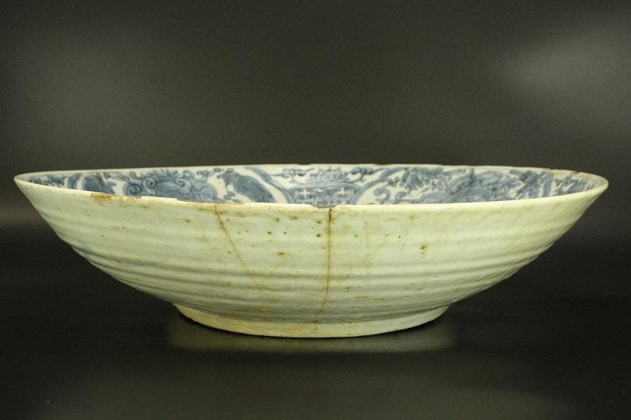 中国美術 青花 呉須 古染付 帆船図 大皿 φ47cm 明 貿易船(LC647