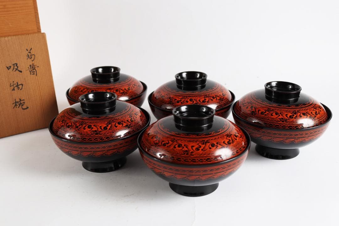 茶道具 茶懐石 蒟醤塗 吸物椀　きんま キンマ 茶器/茶道具 茶箱】 利休茶箱 本漆手塗り 朱蒟醤（キンマ彫） 三点