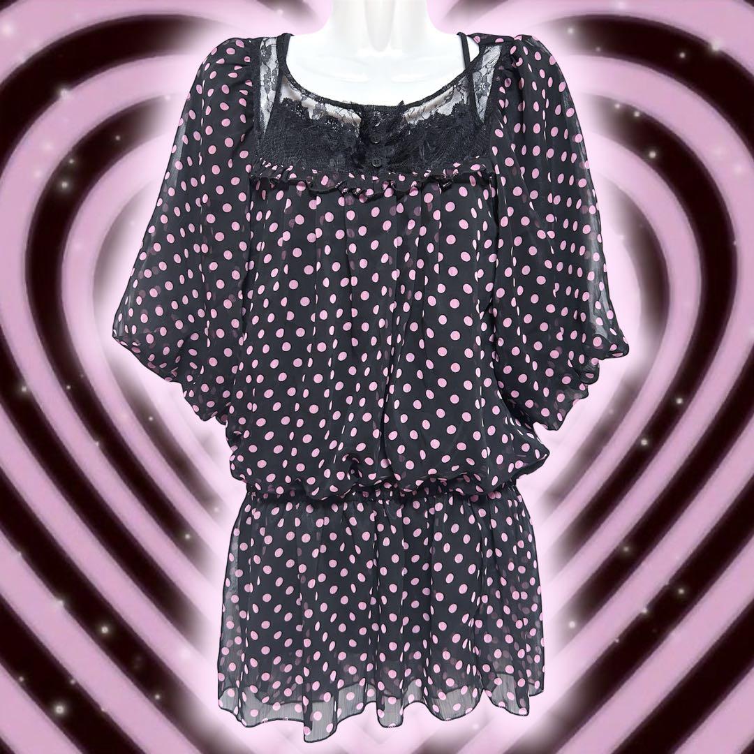 新品】ピンク 黒 Y2K 平成ギャル 姫ギャル 姫系 ❤︎ ドット柄