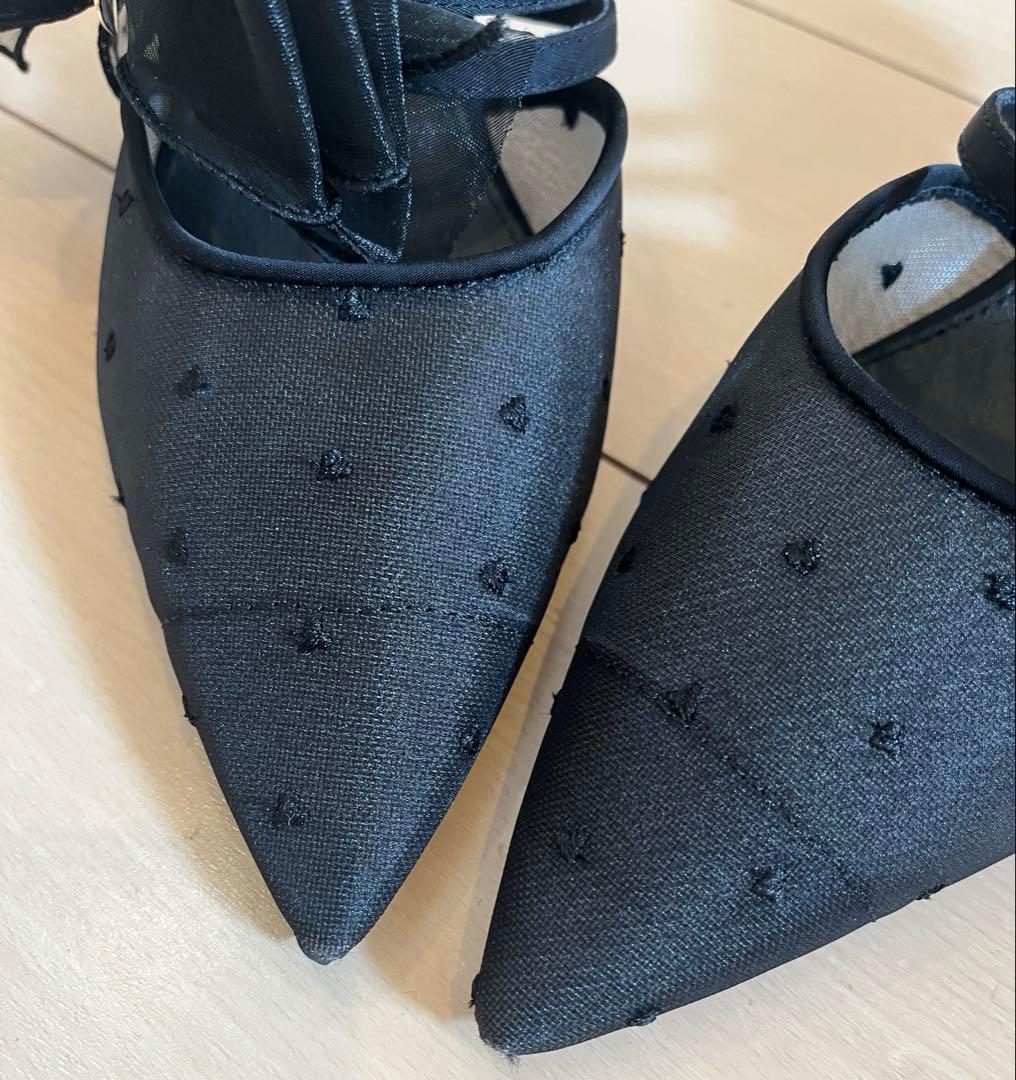 RANDA シフォンリボンハートミュールパンプス 25.5cm ブラック ランダ