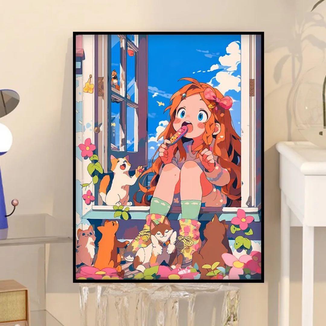アニメ風 猫と少女のアート フレーム付き Amazon.co.jp: アートパネル おもしろ 猫 猫柄 黒 アニメ アート