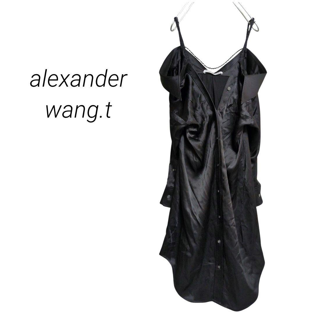 レア【アレキサンダーワン】シャツワンピース シルク オフショルダー ブラック レア【アレキサンダーワン】シャツワンピース シルク オフショルダー