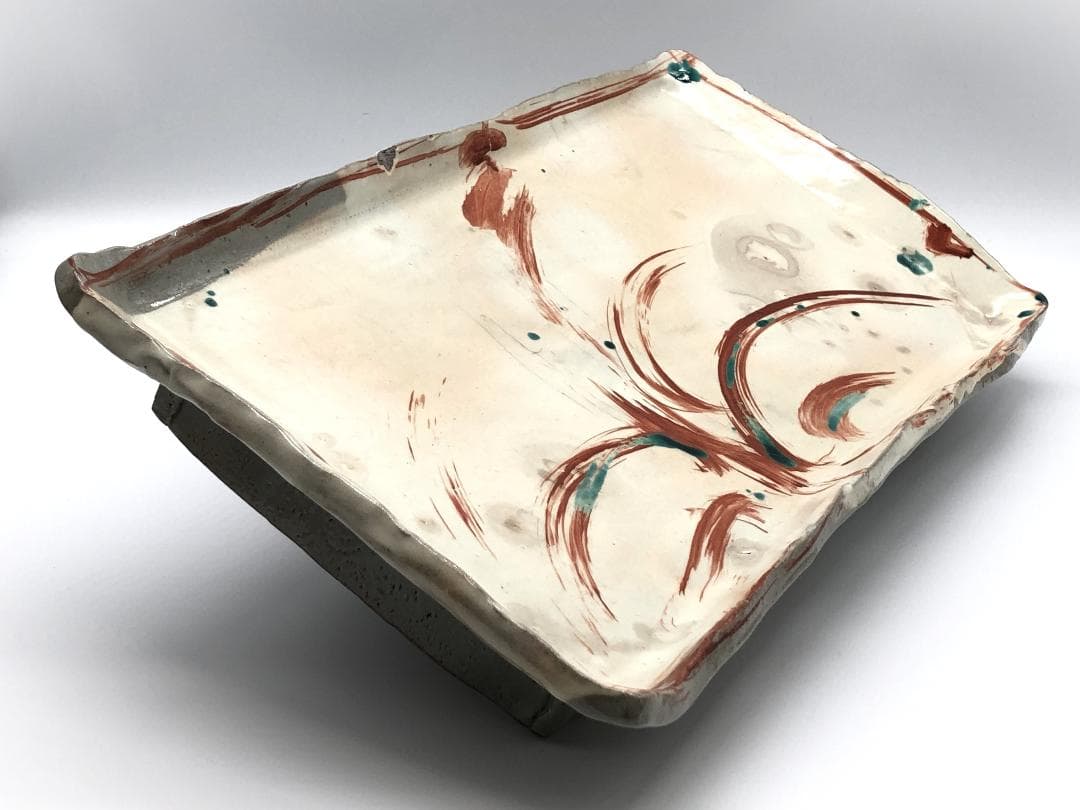 古陶磁赤絵 高台角皿 】 厚胎大皿 呉須赤絵/古清水 蔵出骨董