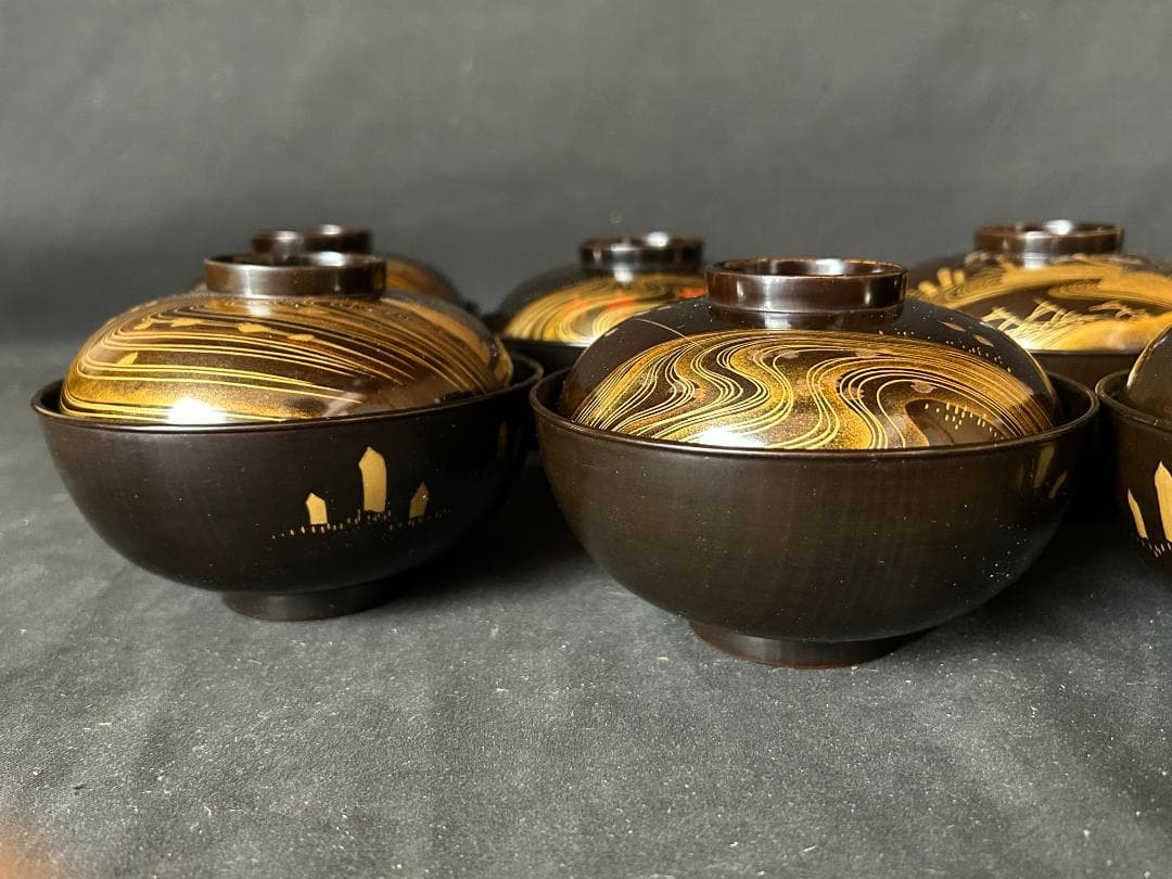 時代 輪島塗 本金蒔絵 絵替り 黒塗 天然木 吸物椀 9客 茶懐石道具980