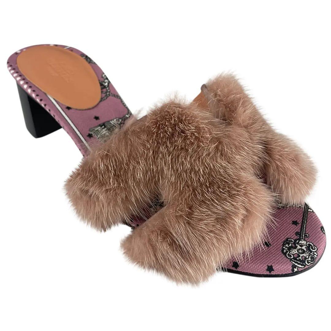 美品 HERMES オアジス ファー ピンクサンダル ミュール ミンク - メルカリ