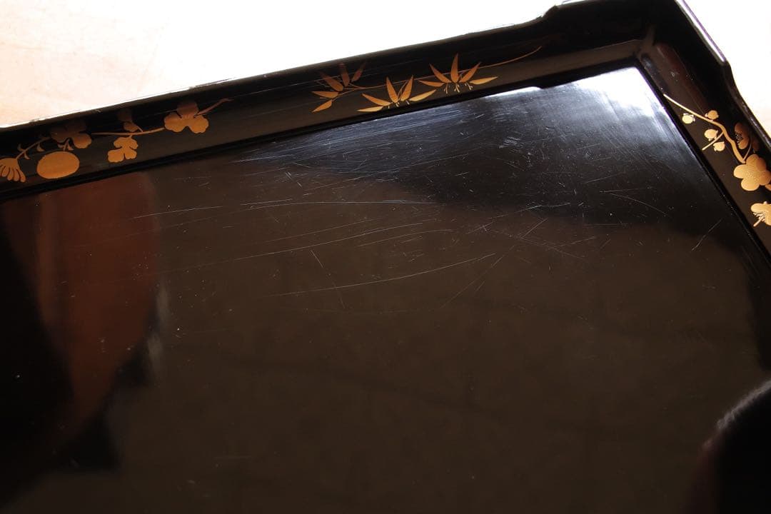 木製 黒塗 四方膳 二客 脚付 四君子 金蒔絵 茶懐石