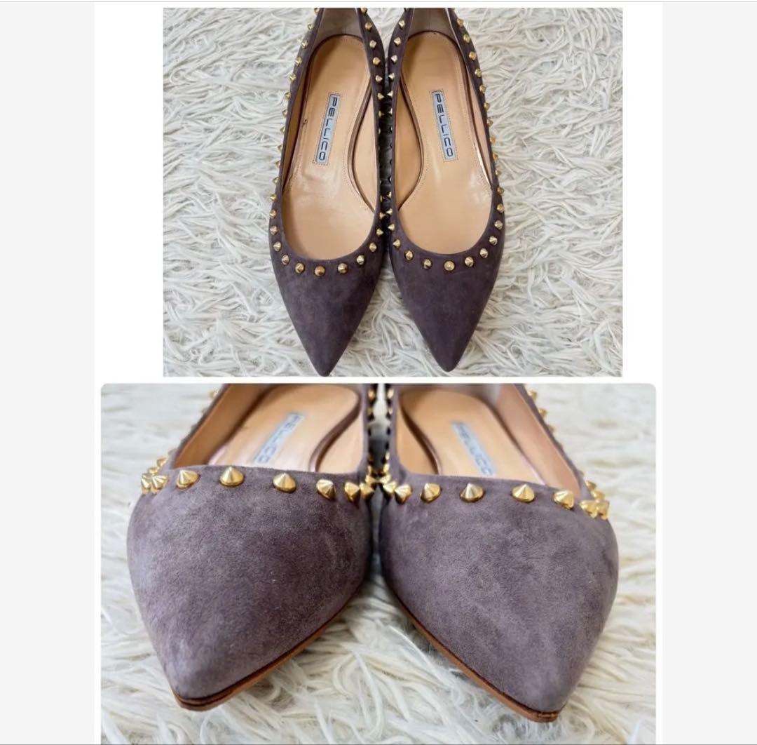 極美品 袋付き PELLICO スタッズパンプス スエード グレー 361/2