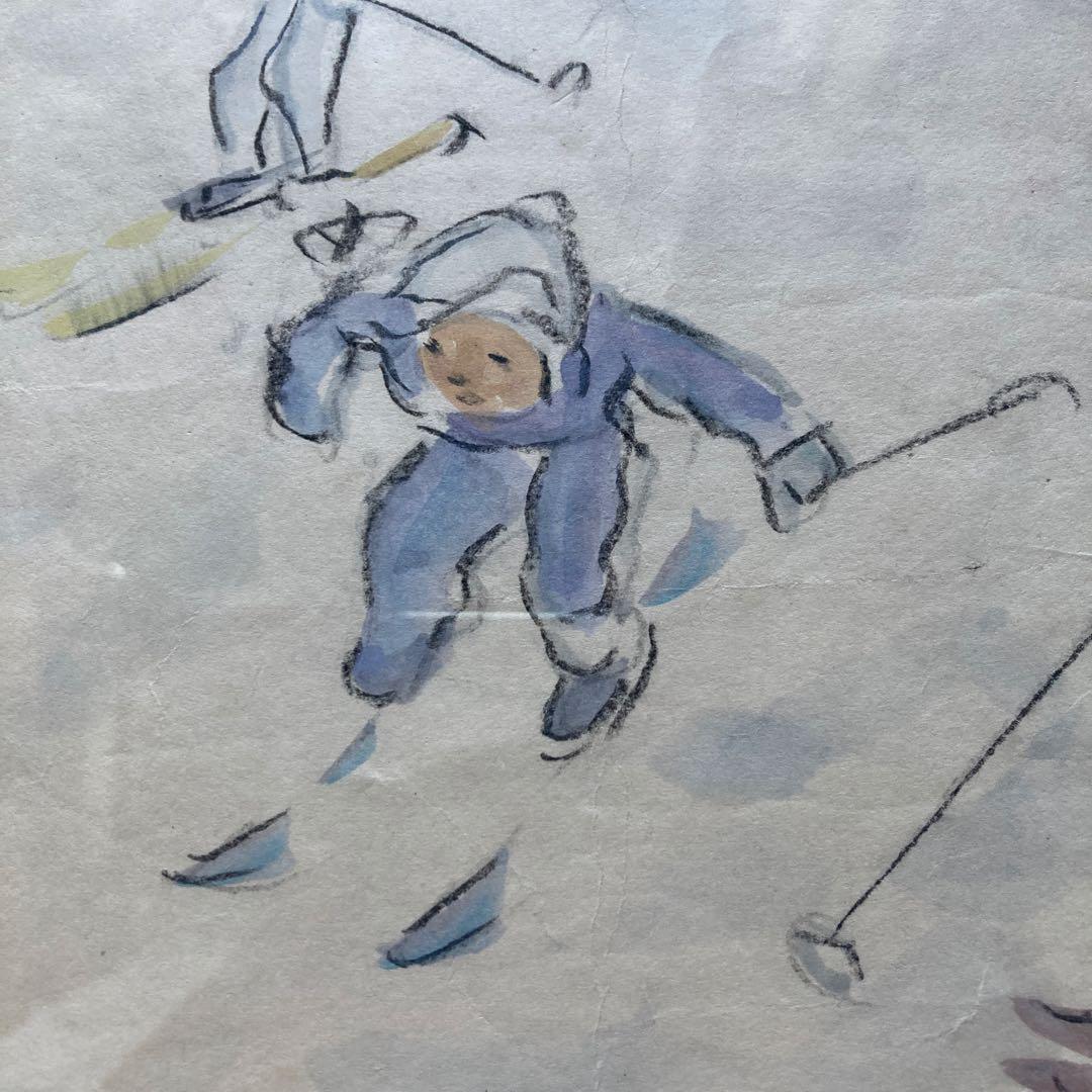 いわさきちひろ「少年スキーヤー」仮題 水彩額41.5×53絵￼25.5×31cm