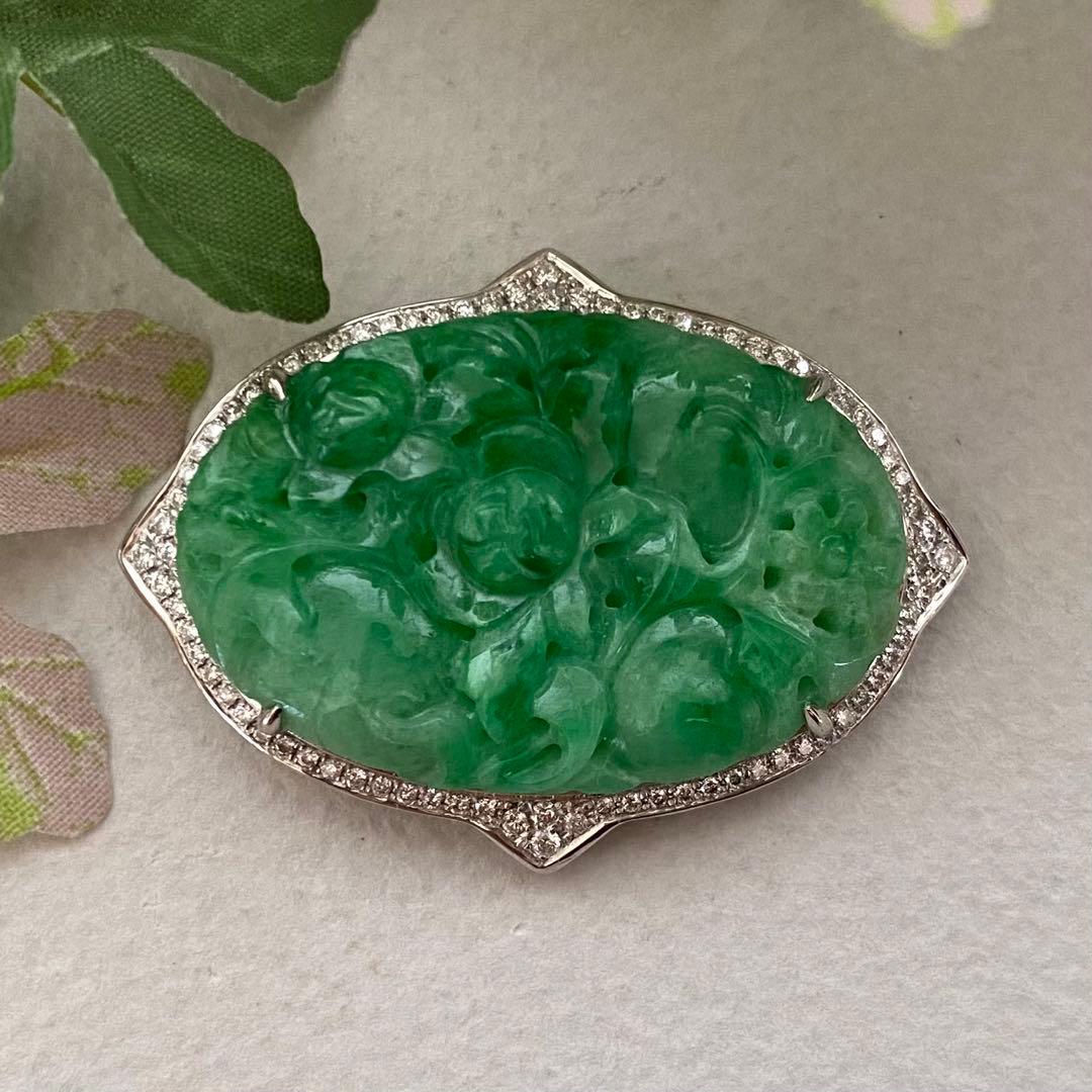 特注品　pt950翡翠ダイヤブローチ　アンティーク帯留からのリメイク　美しい 特注品 pt950翡翠ダイヤブローチ アンティーク帯留からのリメイク