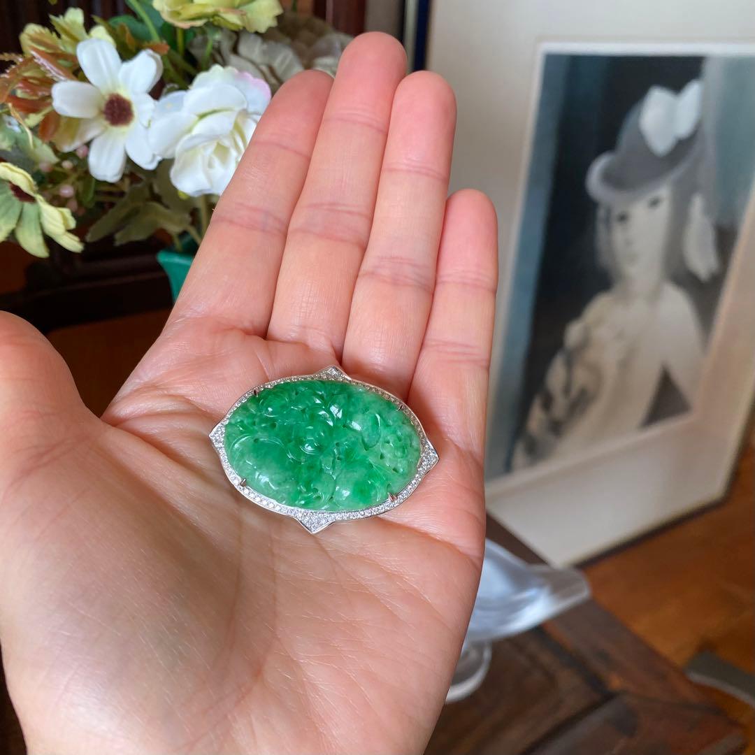 特注品 pt950翡翠ダイヤブローチ アンティーク帯留からのリメイク