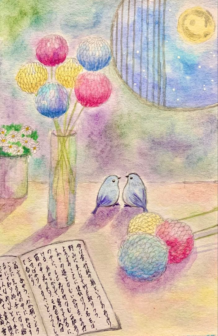 ♡たまみな♡水彩画 原画9枚レプリカ12枚鳥と花のアート作品