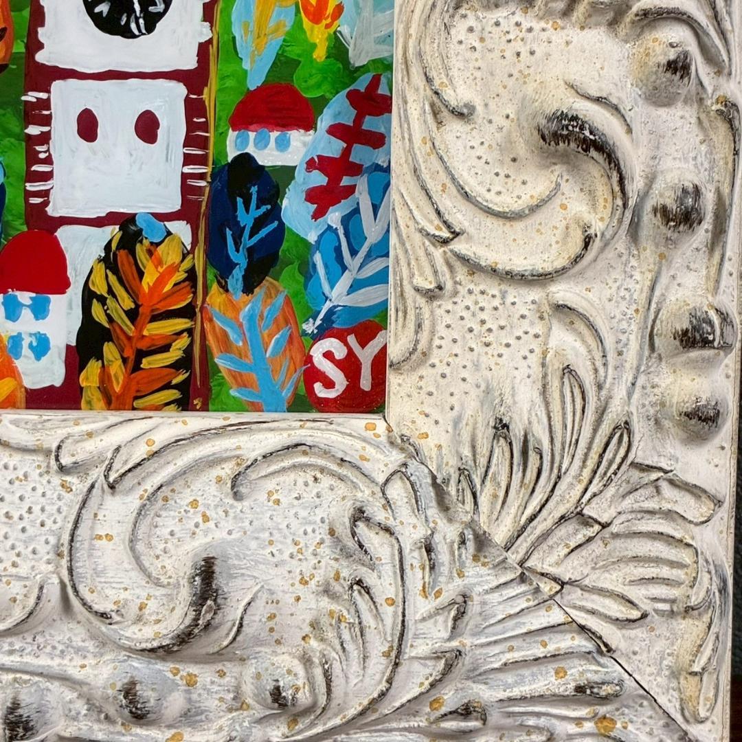 柚木沙弥郎「時計台の森」ガラス絵 肉筆 直筆サイン入 共シール 民藝