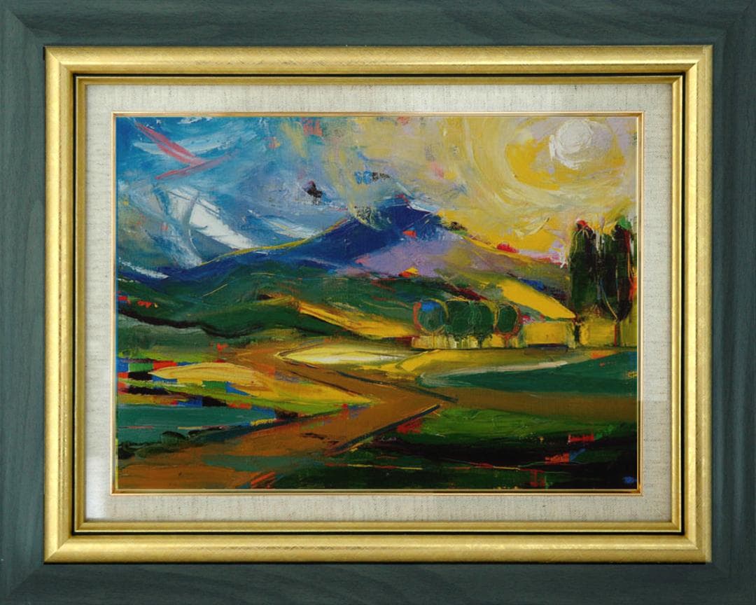 油絵 菅家令子 絵 絵画インテリア額付(青緑＋金色の枠)F4-081411風景陽 油絵 菅家令子 絵 絵画インテリア 額付(青緑＋金色の枠)F4-090814