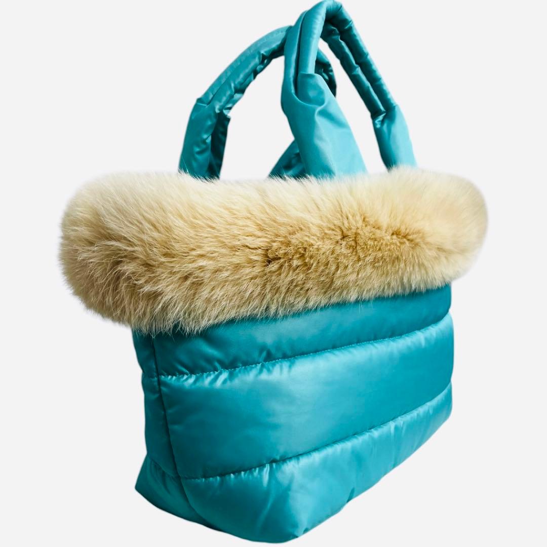 新品未使用SAGA furs フォックスファー トートバッグ 水色 ブルー A4