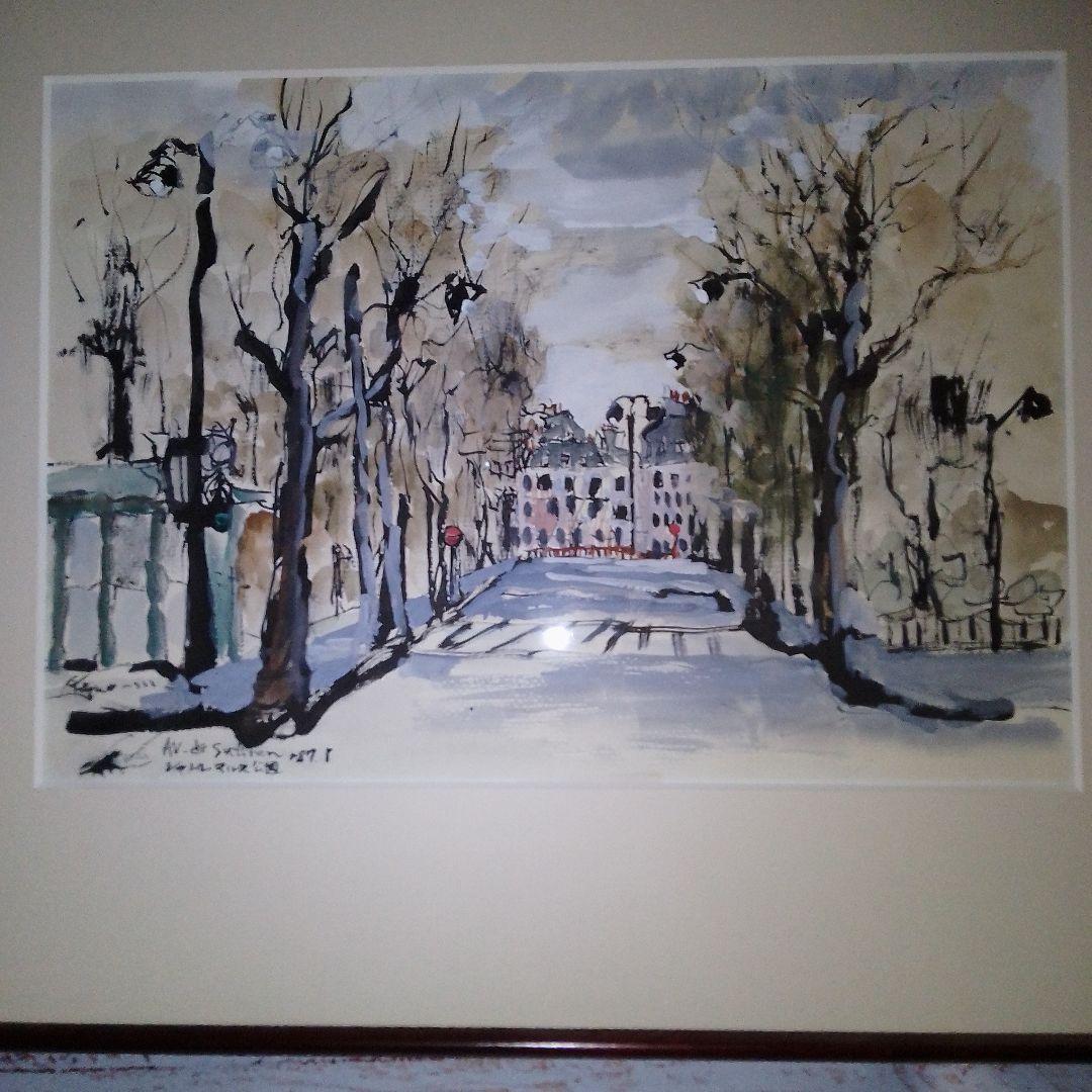 森下一夫 画伯作 ［AV de Suffren］ 水彩 木製ガラス額縁付［真作］