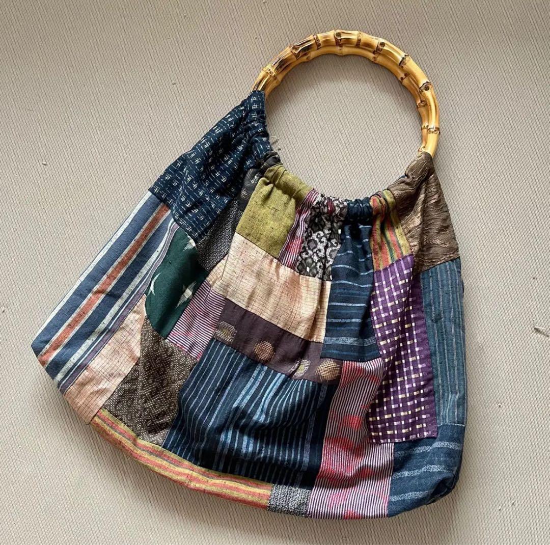 一点ものアンティーク和布と竹ハンドルのパッチワークグラニーバッグ