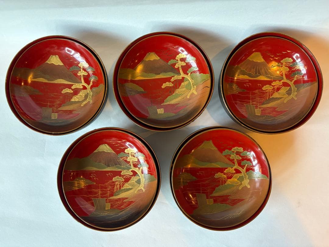 明治 大正期 会津塗 鉄錆塗 蒔絵 富士山 木製 蓋付き お椀 梅鶯