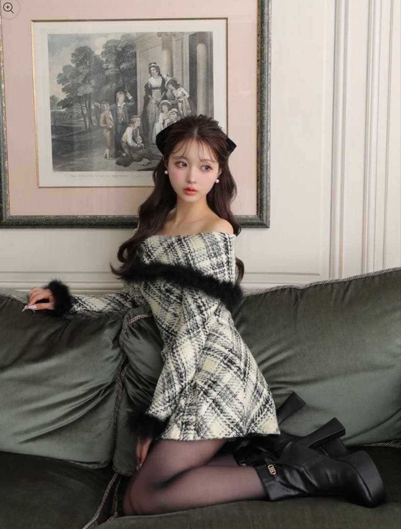 m me eme オフショルダーロービングチェックミニワンピース - メルカリ