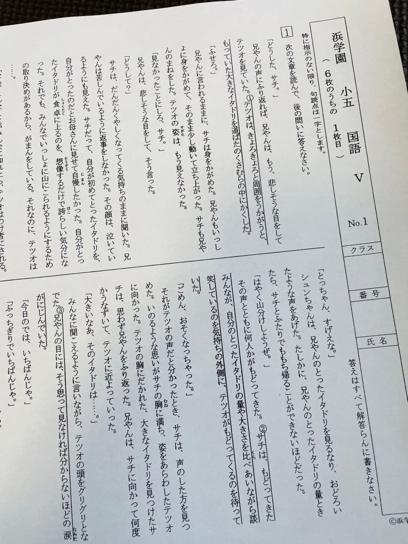 浜学園 最新版 2023年 小5 復習テスト Vクラス 3科目 算国