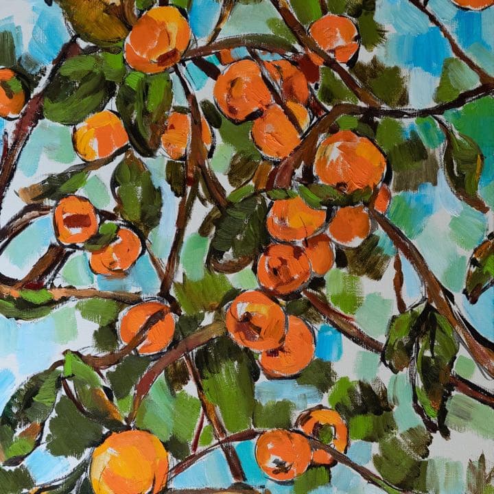 油彩 原画】柿の木 ― 秋の光を描いた一点物（2019年作） - メルカリ