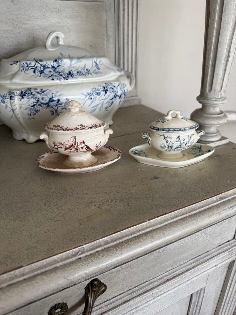 フランスアンティークショワジールロワ青い花模様小鳥柄のムタディエ