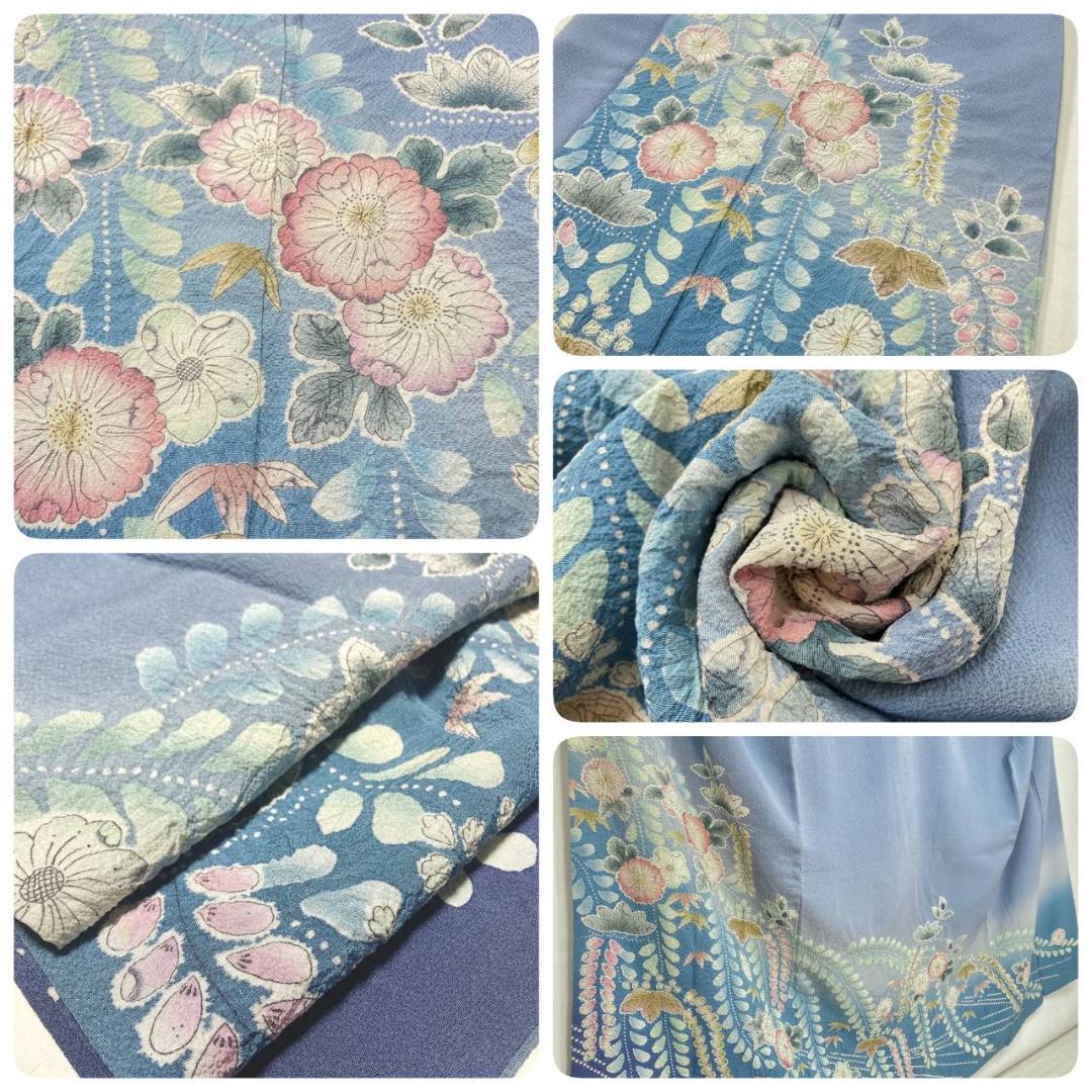 作家物 辻が花 絞り 辻ヶ花 訪問着 正絹 袷 水色 青 ブルー ピンク1396