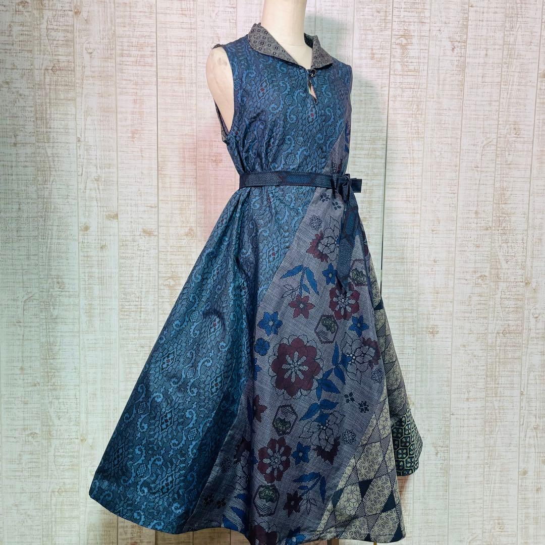 着物リメイク＊数種類の正絹大島紬で立ち襟＆テントラインワンピースM