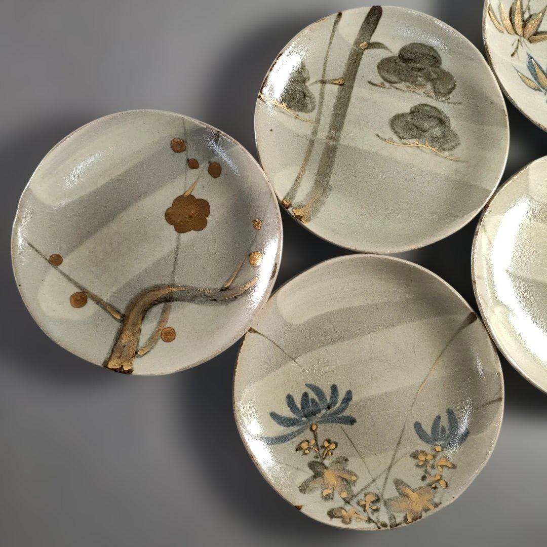 A1395-8/幸兵衛窯/加藤卓男/金彩唐草文絵替和皿5客/共箱/飾皿/懐石道具
