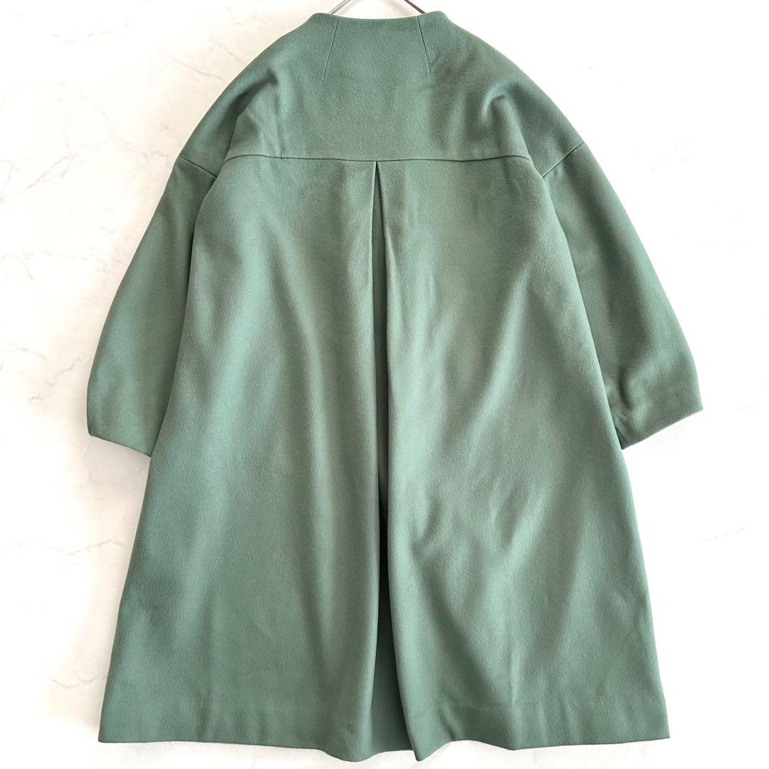 美品 ホコモモラ ウールノーカラーコート 緑 グリーン 大きいサイズ 42