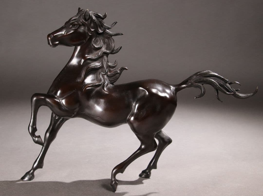 M460 高岡銅器 鋳銅製 村田宏作「征馬」置物 共箱 / 軍馬彫刻銅像