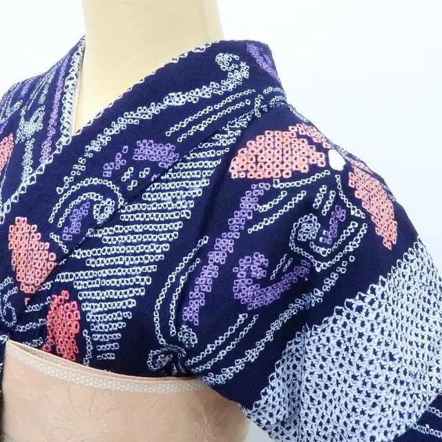 専用Y3231◆美品 綿 有松鳴海絞り 背・胸当付 手縫い仕立て 蝶 高級浴衣