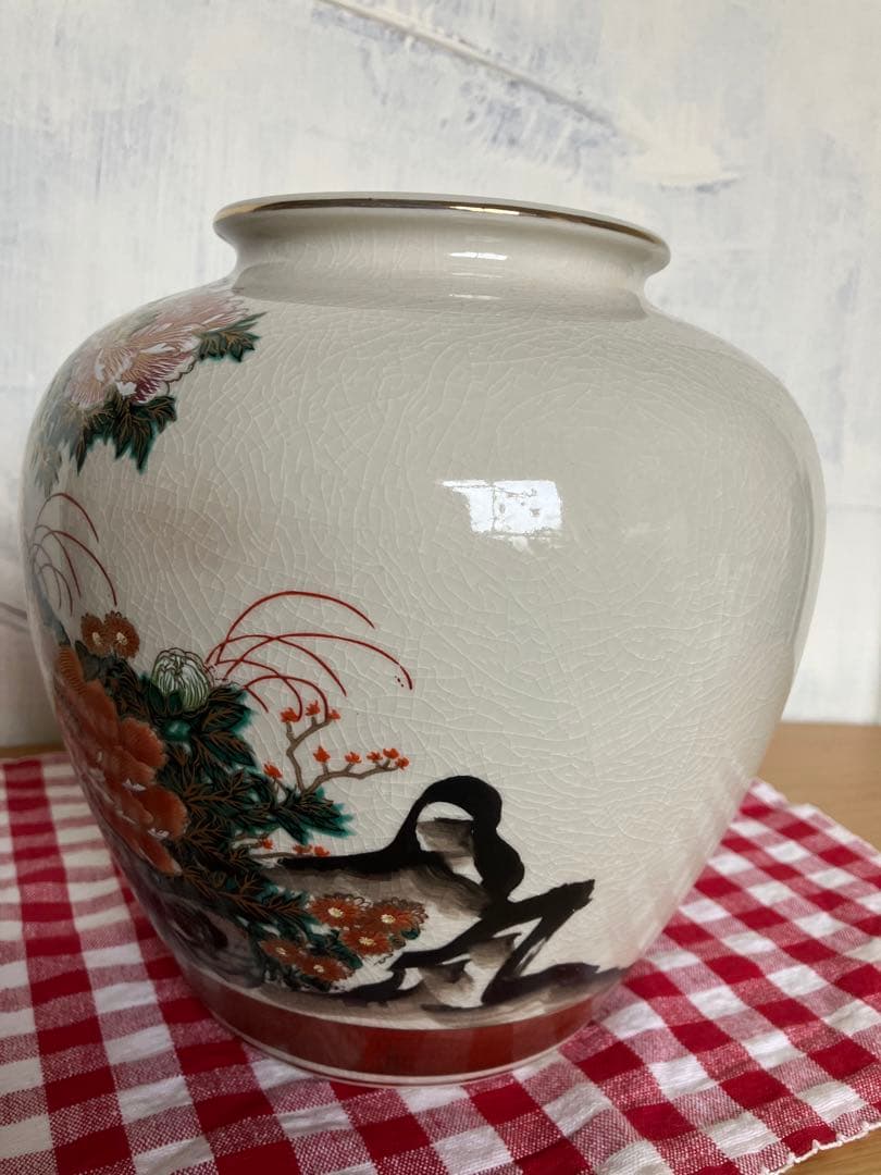 昭和レトロ　古董品　九谷焼　幸作　大型花器　金彩手書き　大富大貴　金牡丹風景