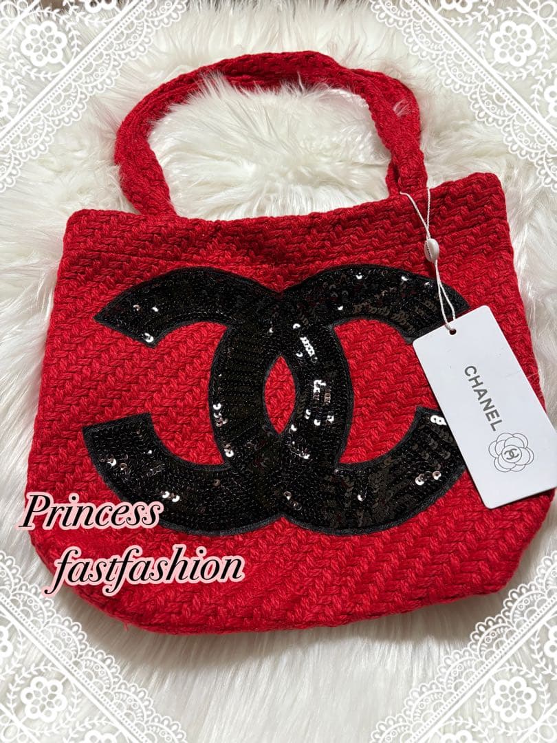 ら*ん様 シャネル CHANEL ニット編み レッド＆ブラック スパンコール