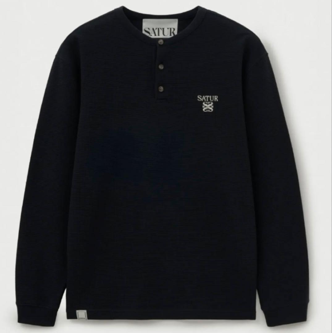 即購入可 SATUR ブラック ヘンリーネック Tシャツ M ヘンリーネック tシャツ メンズ 半袖 無地 メンズTシャツ 綿 白 ボタン