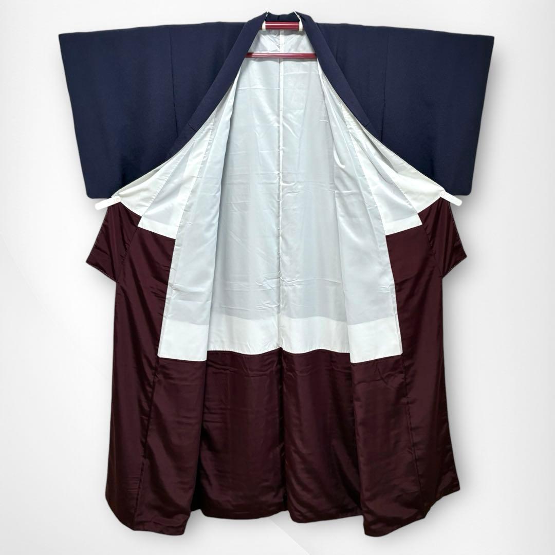 美品✨】洗える着物 色無地 鬼シボ縮緬 暗い紫色 手縫い仕立て 幅広め