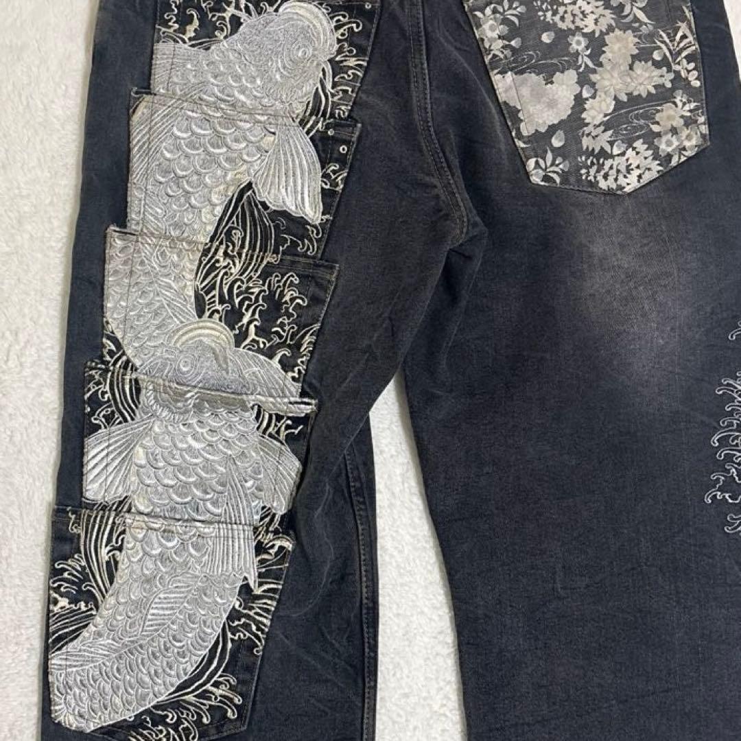 絡繰魂 Karakuri ブラックデニム W32 鯉刺繍 シルバー 5連ポケット www