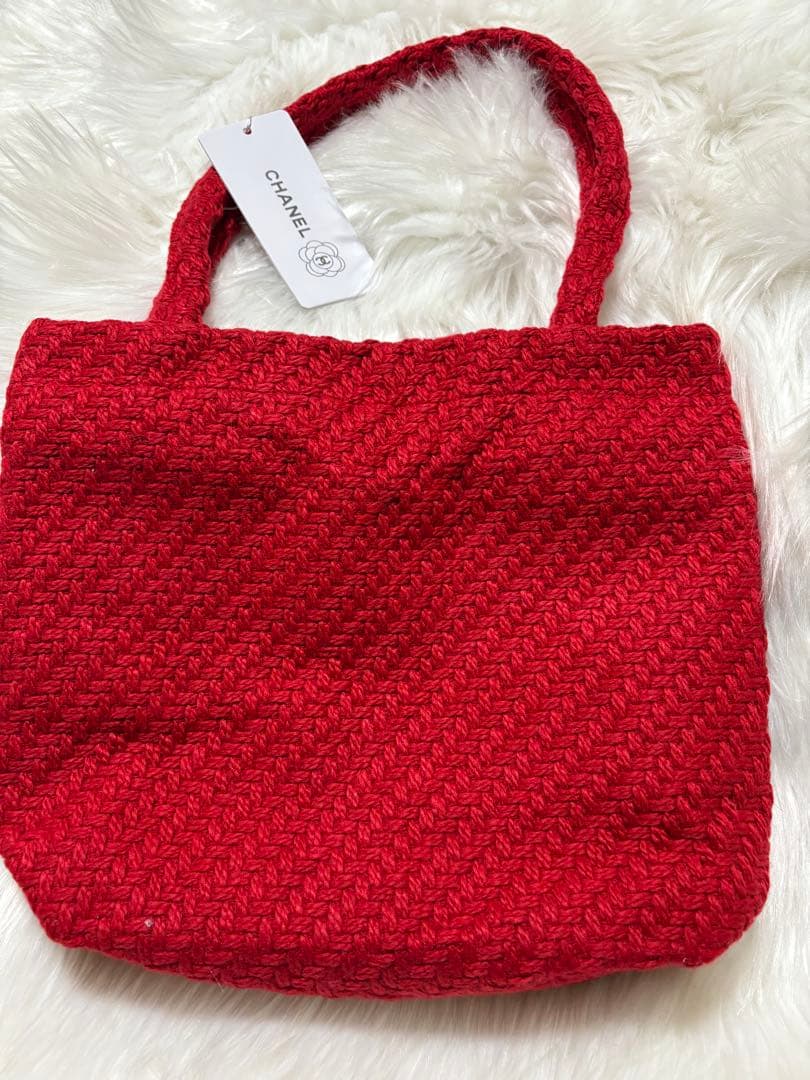 シャネル CHANEL ニット編み レッド＆ブラック スパンコール トート