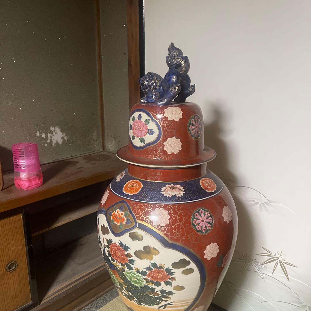 大型陶器花瓶 赤地 花模様 青い獅子 3段壺