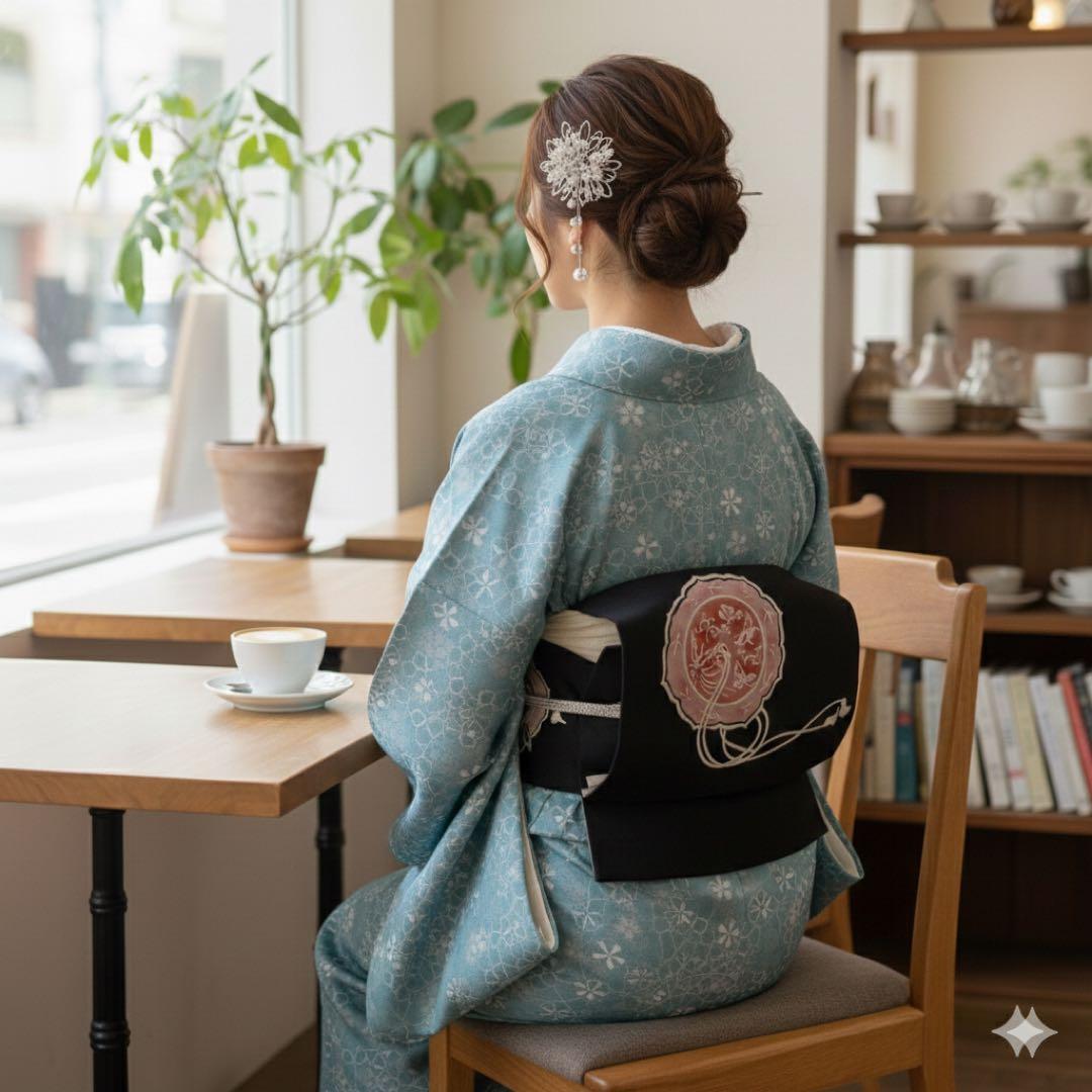 ✨ 【美品】九寸名古屋帯 モダン 鏡裏 お太鼓柄 黒地 帯 和装 和服 436