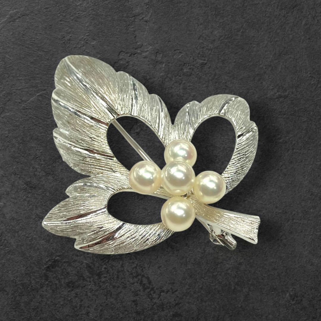 ミキモト ブローチ アコヤ 本真珠 約7mm 5粒リーフモチーフ パール 287