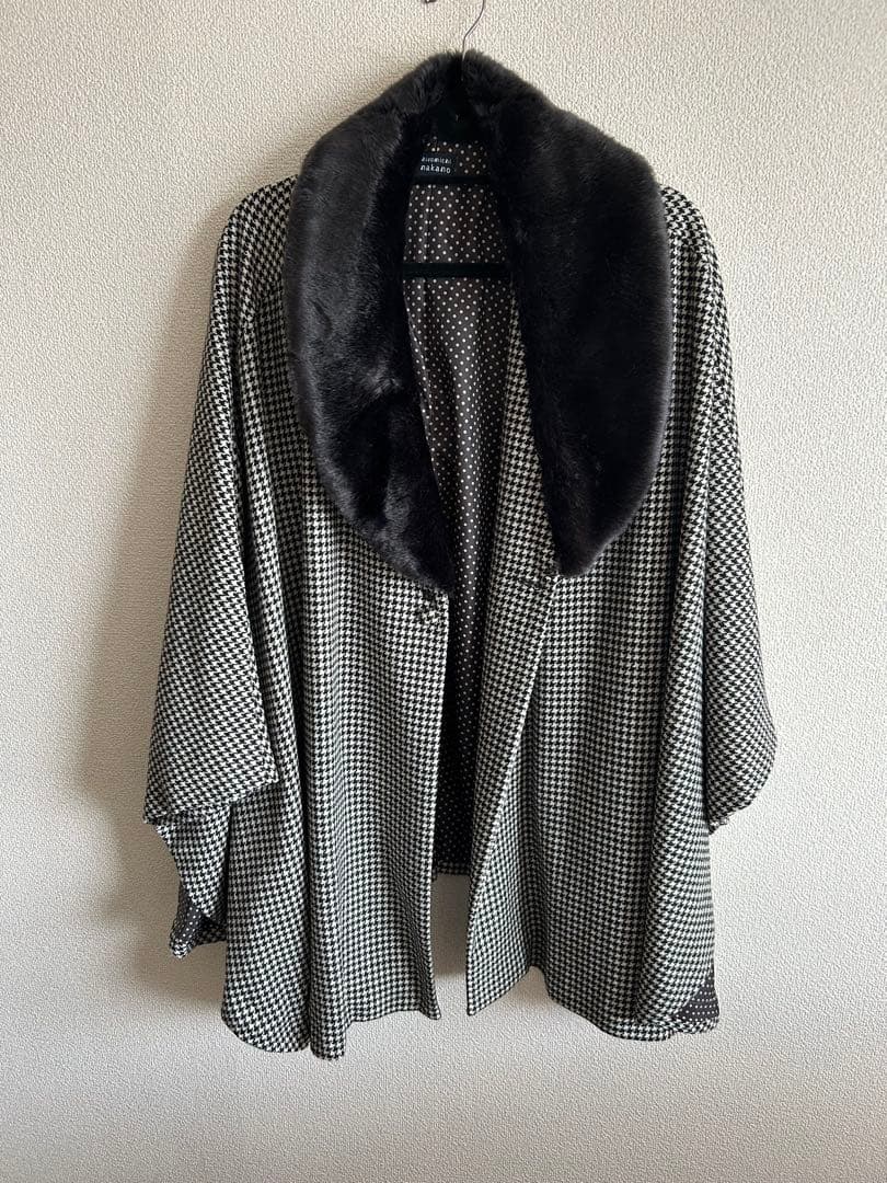 着物コートhiromichi nakano チェック柄ポンチョ 着物 コート ケープ ポンチョ 冬 グリーン チェック 丸衿 フリーサイズ