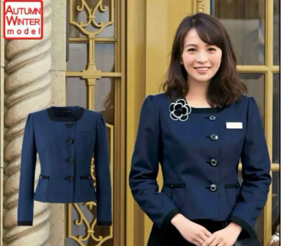 新品タグ付★ en joie ノーカラージャケット 81730 ネイビー　11号 ノーカラージャケット（アクアブルーシリーズ） 81730-3 | 事務服