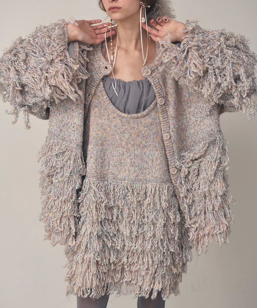 今期完売 ファンシーヤーンループフリンジMIXカーディガン ラベル