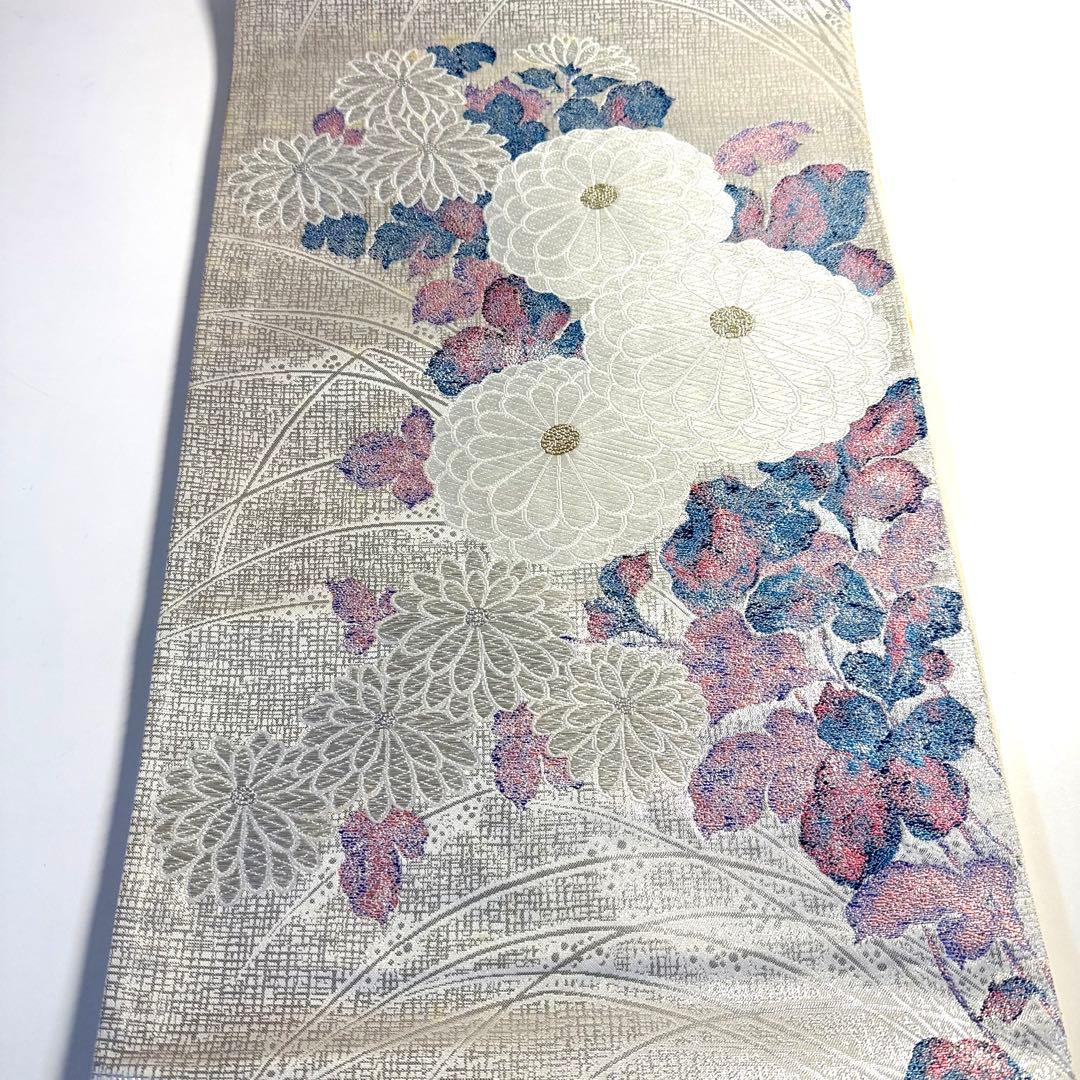 6k275 袋帯 絹 唐織 銀色 白 ピンク 青 花柄 和装 着物 - メルカリ