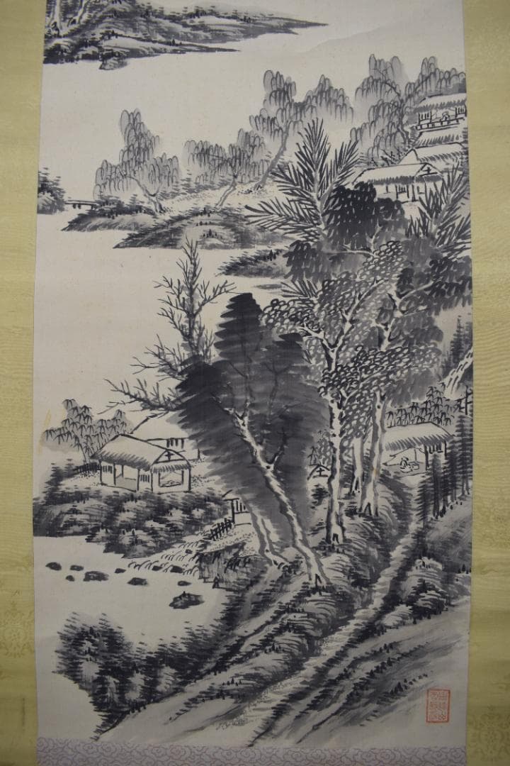 春藤健/水墨柳陰山水画賛/掛軸☆宝船☆Z-410