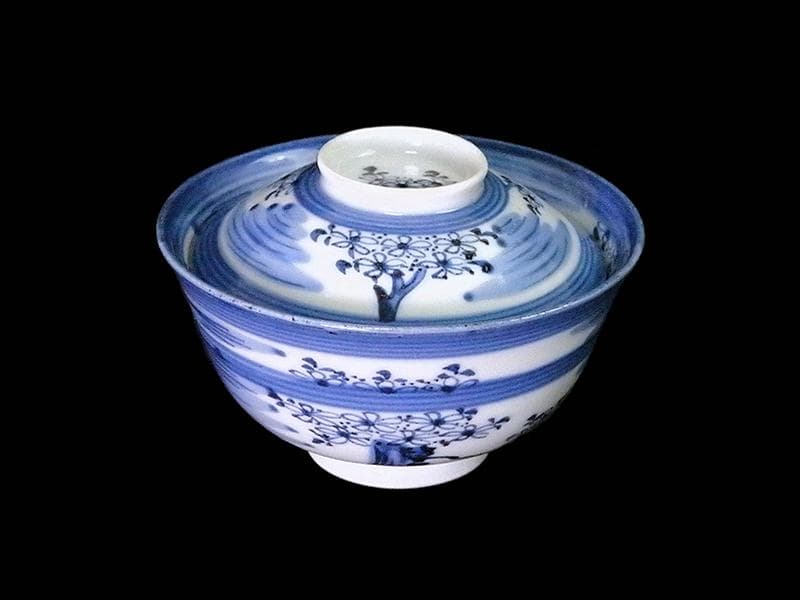 古伊万里 染付 輪線 桜花紋に霞の図 蓋茶碗 E864AS-COh